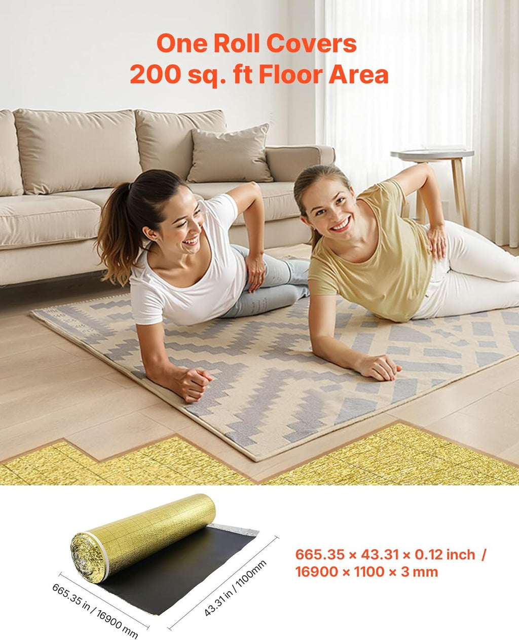 Floor Underlayment 200 sq. ft/Roll, 3-in-1 3 mm Thick Flooring Padding with Tape & Vapor Barrier, Heavy Duty EPE Foam