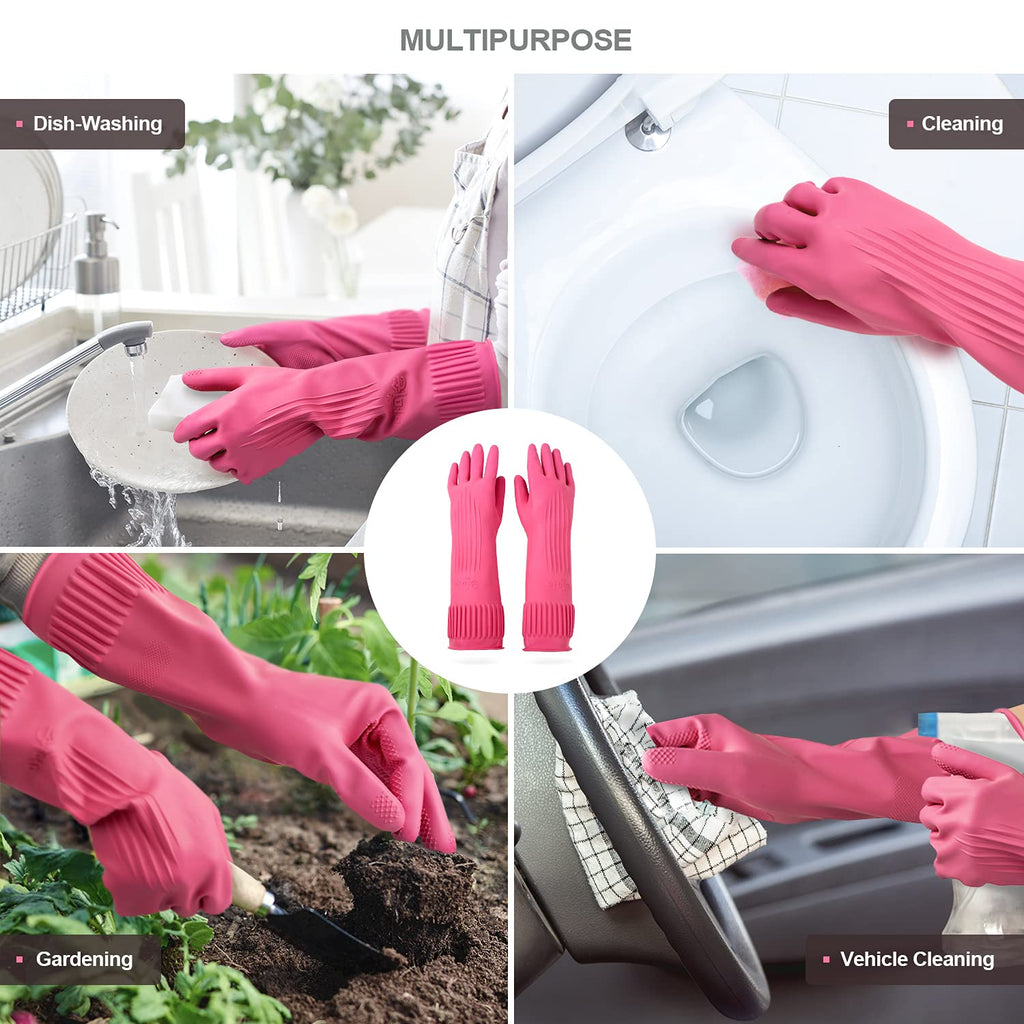 Mamison 2 Pairs Reusable Waterproof Household Dishwashing Cleaning Rubber Gloves, Non-Slip Kitchen Glove (Pink