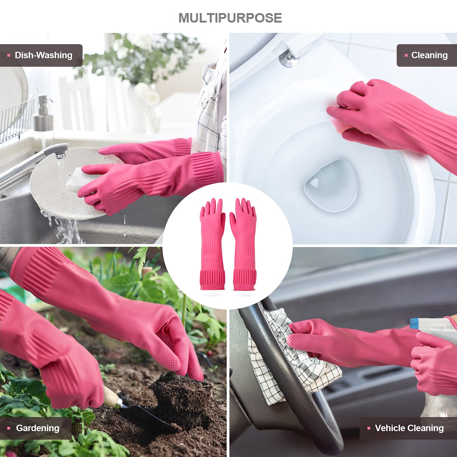 Mamison 2 Pairs Reusable Waterproof Household Dishwashing Cleaning Rubber Gloves, Non-Slip Kitchen Glove (Pink