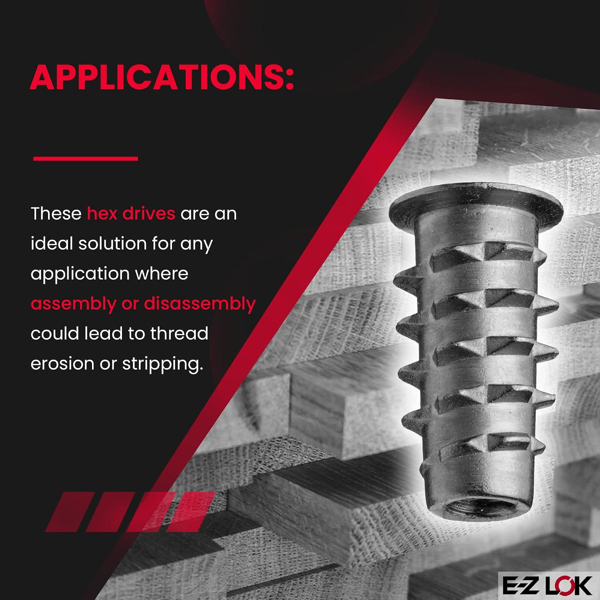 E-Z LOK Thread Insert for Soft Wood, Hex Flanged, 10-32, 20mm, 25 ct
