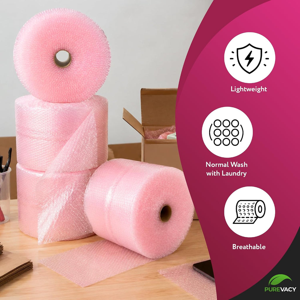 Anti-Static Pink Small Bubble Wrap, 3/16 Inch, 12 Inch x 175 Ft Roll, Perforated Protective Cushioning for