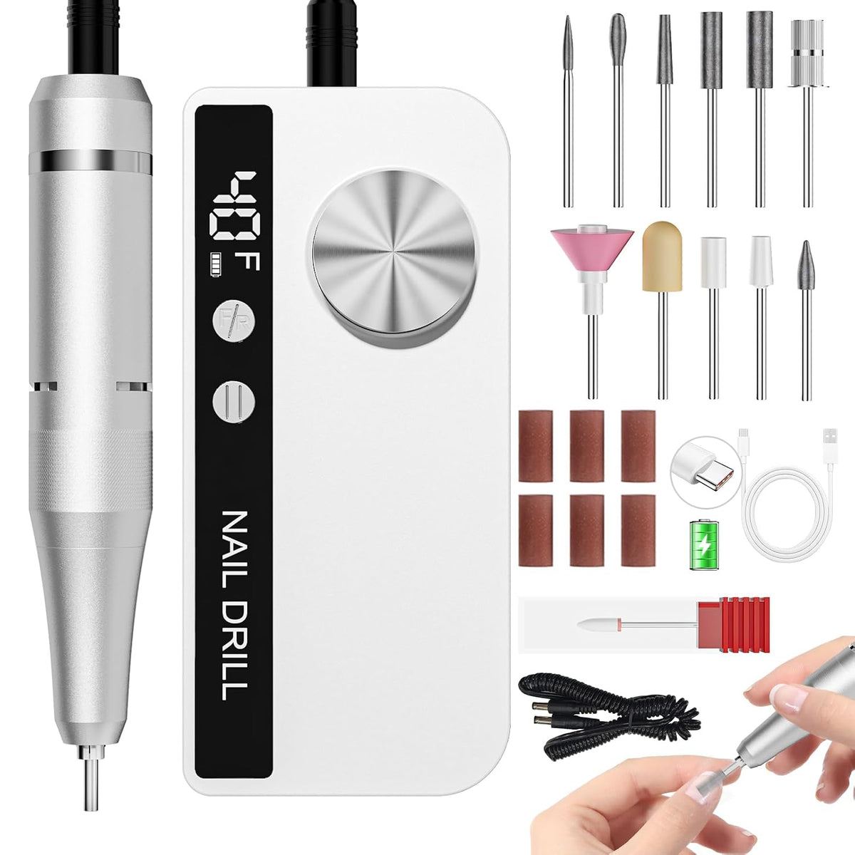 Professional Electric Nail Drill Kit, 40000RPM Rechargeable Nail File