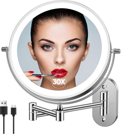 5000mAh Rechargeable Wall Mounted Lighted Makeup Mirror 1X30X | Double Sided 1X 30X Magnifying, 3 Color Lighting