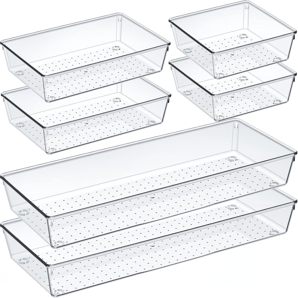 6 Pcs Large Size Clear Drawer Organizer Set, Acrylic Non Slip Non Cracking Kitchen Drawer Storage Tray Divider