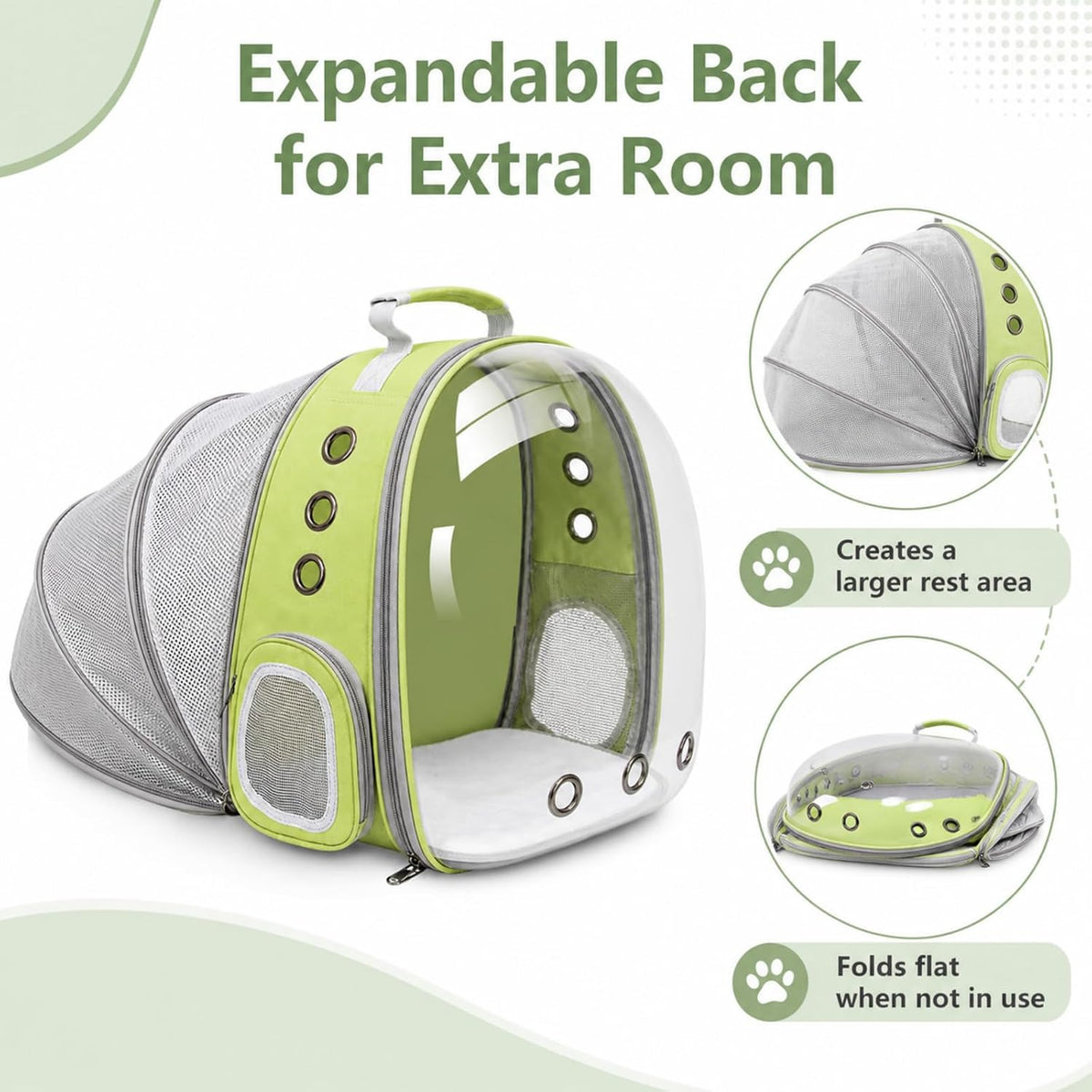 Expandable Cat Carrier Backpack with Bubble Window and Mesh, Light Green