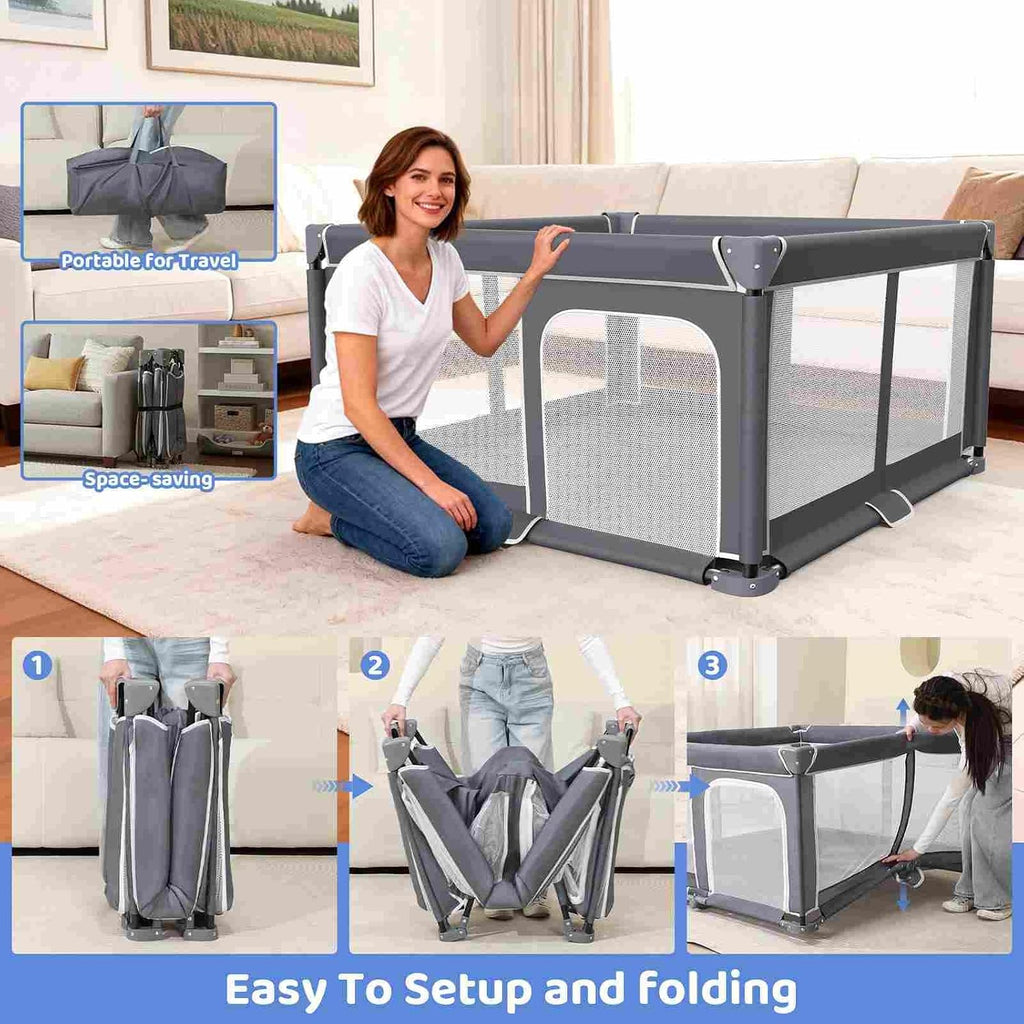 Foldable Baby Playpen Portable Travel Play Yard, Dark Gray | Safety Play Yard for Babies & Toddlers, Indoor & Outdoor