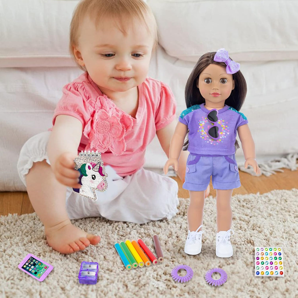 18 Inch Girl Doll Clothes and Accessories School Supplies Playset with Clothes Set, School Bags, Sunglasses, Pencils