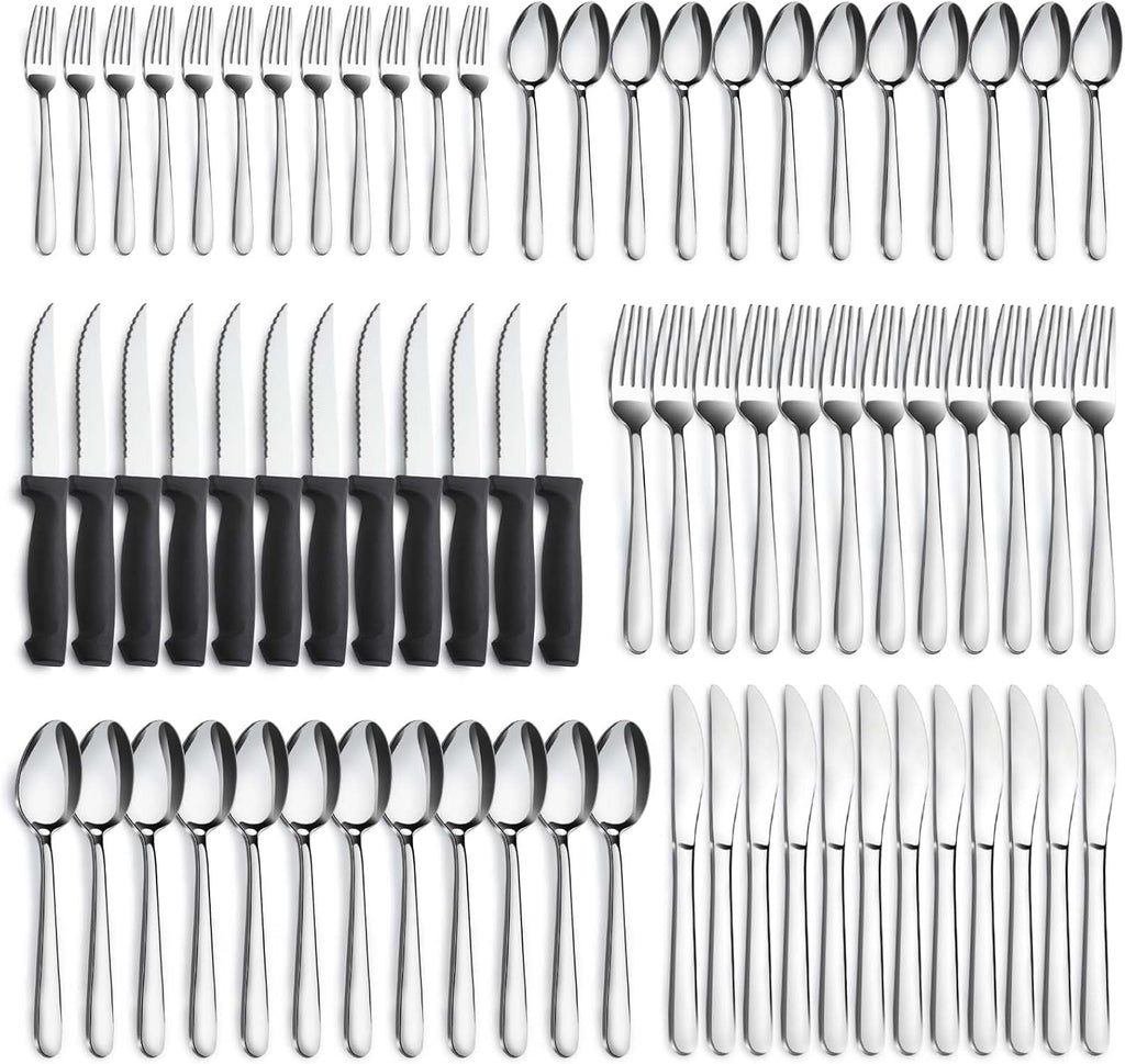 72-Pieces Silverware Set for 12, Flatware Set with Steak Knives, Stainless Steel Cutlery Set, Include Forks Spoons