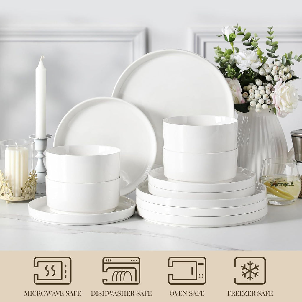 12 Pieces Porcelain Dinnerware Set, Modern White Dish Set for 4, Premium Serving Plates and Bowls Sets, Chip and