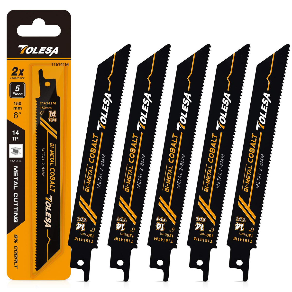 TOLESA Reciprocating Saw Blades, 6" 14TPI for Heavy Metal, 5-Pack