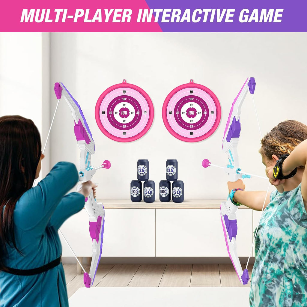 2 Pack Bow and Arrow for Kids, LED Light Up Girls Archery Set | with 24 Suction Cup Arrows, 2 Hanging Targets, 6