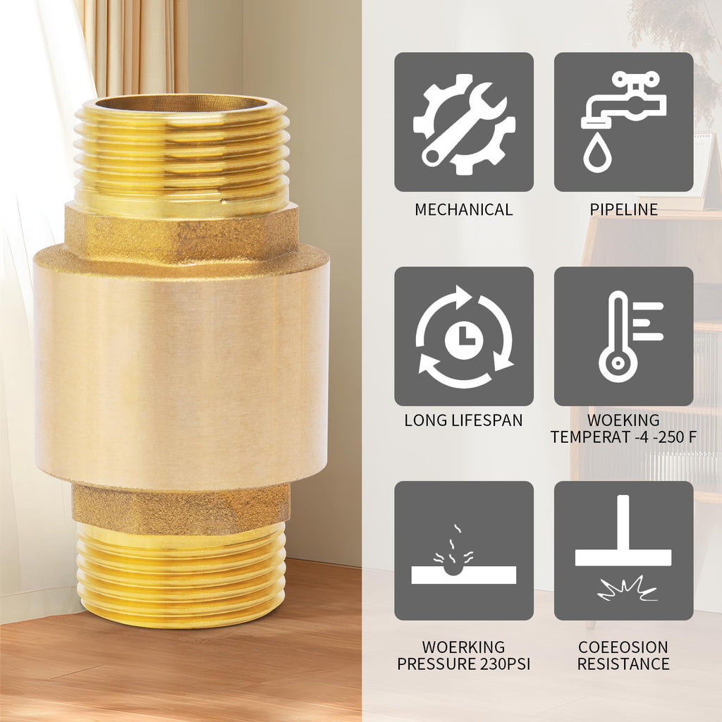 ChillWaves Brass In-Line Spring Check Valve DN20 3/4" Male Thread, One-Way Non-return Vertical Check Valve for Backflow Prevention(1-PACK)