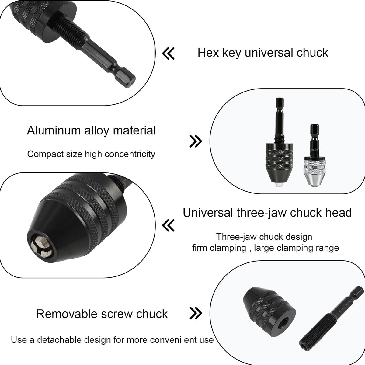 Keyless Drill Chuck Adapter, 1/4 Inch Hex Shank Quick Change Converters