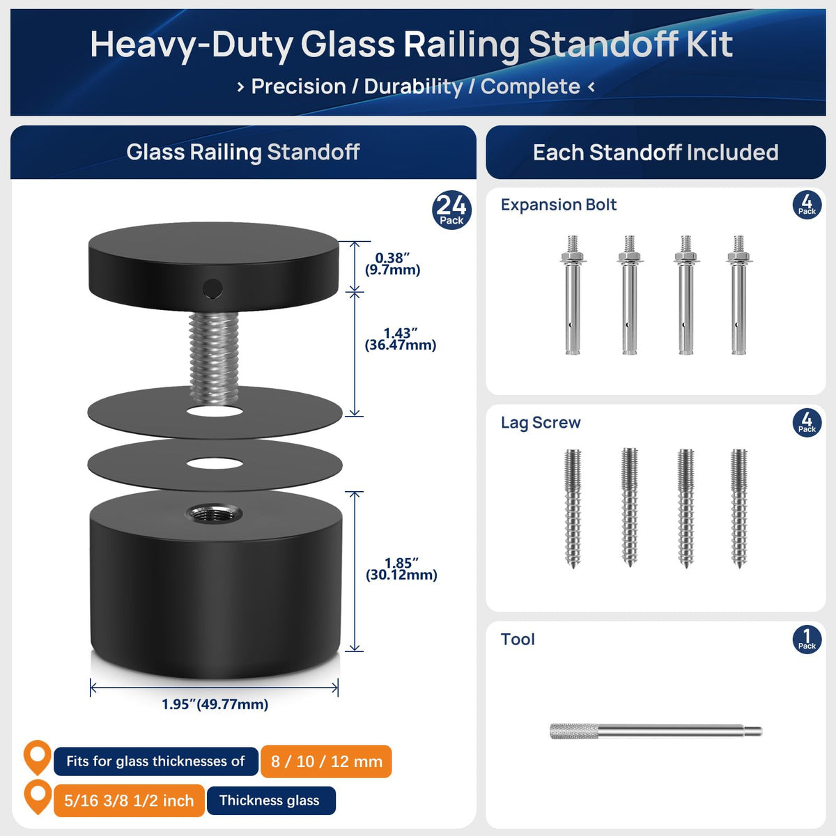 24 Pack Marine Grade SS316 Solid Heavy Duty Glass Railing Standoff