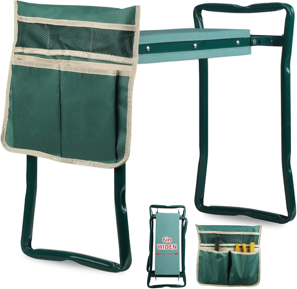 Garden Kneeler and Seat, Portable Foldable Gardening Kneeling Bench Stool with Tool Pouch and EVA Foam Kneeling Pad