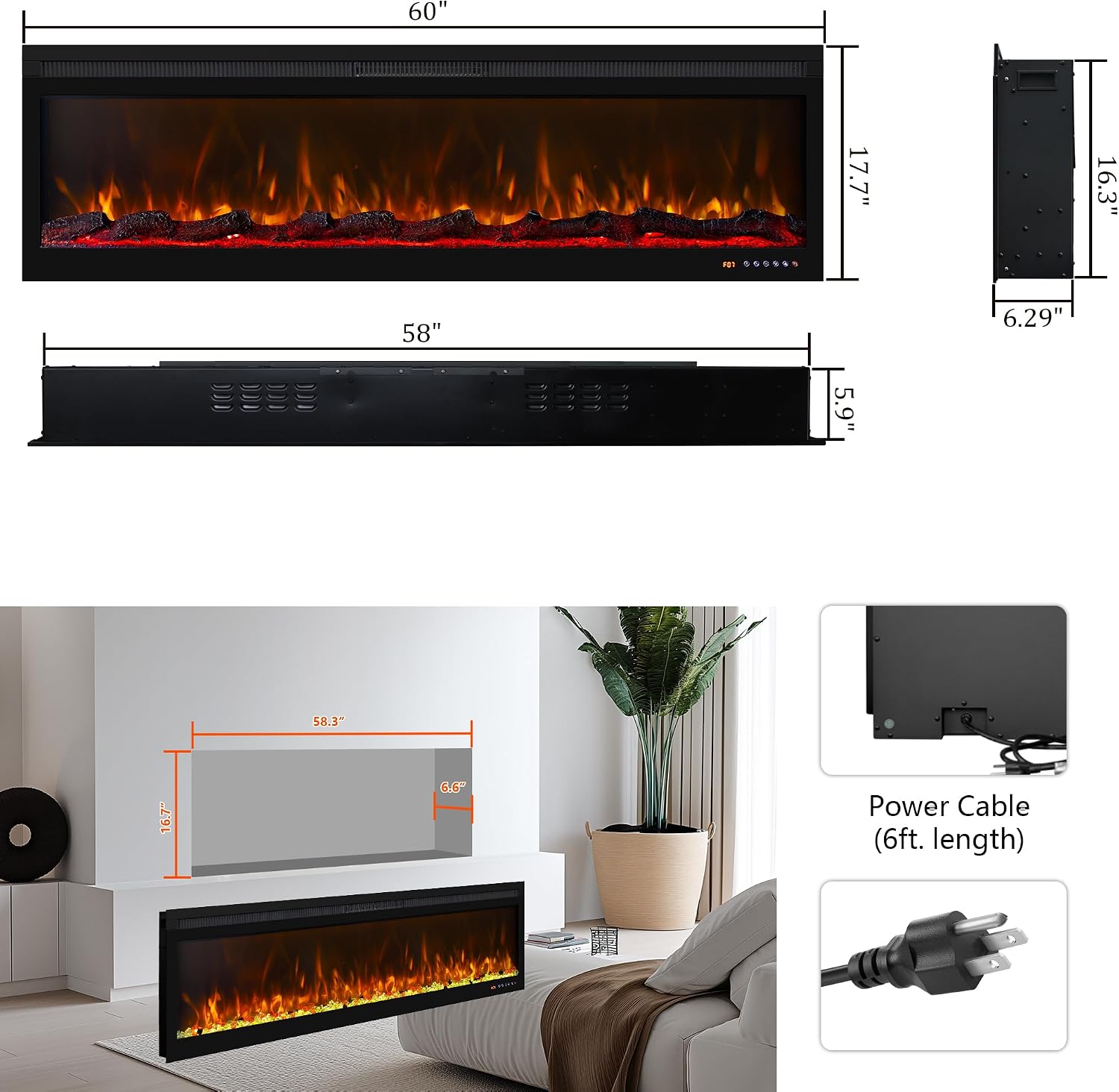 OxharkFlame 60in WiFi Electric Fireplace Insert Recessed WallMounted Heater | Smart Electric Fireplace Realistic
