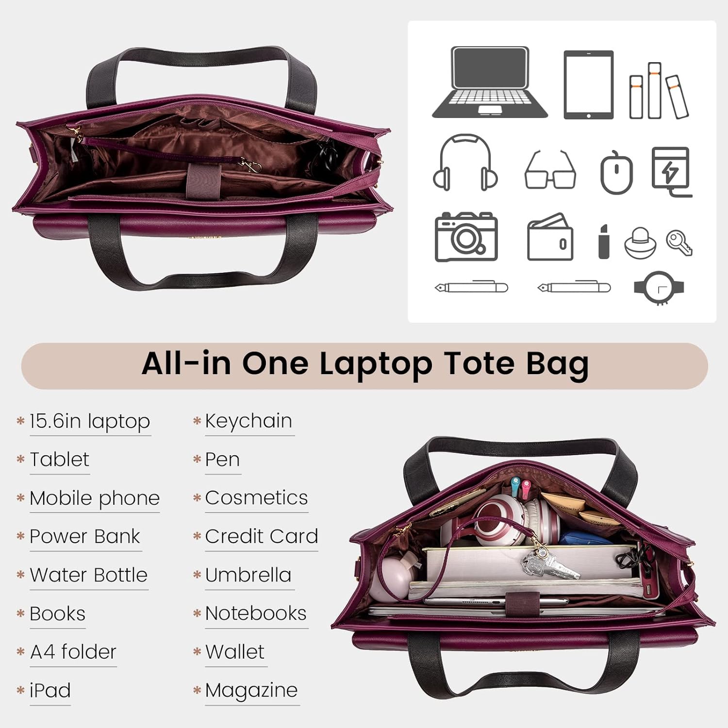 Laptop Bag for Women 17.3 Inch Laptop Tote Work Bags Professional Leather Computer Briefcase Waterproof Handbag