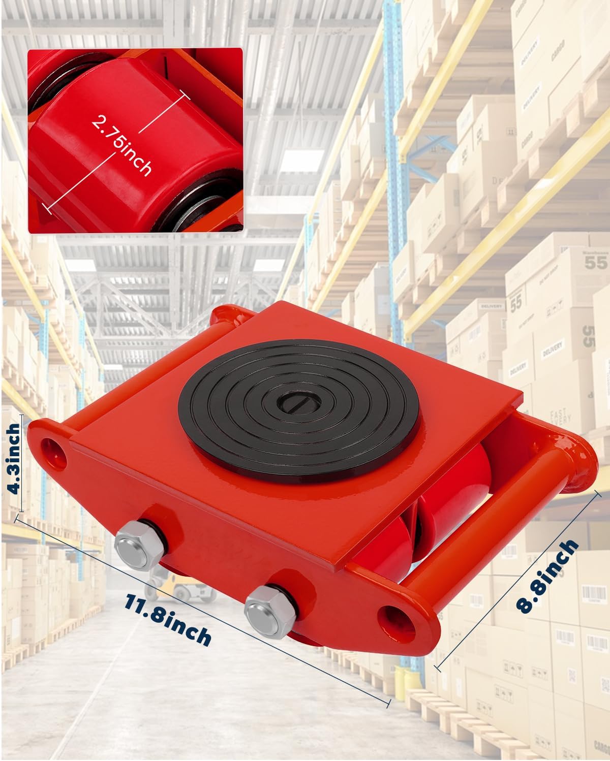 Machinery Mover 6T 13200LB Capacity Machinery Skate, Red | 4 Wheels Dolly Skate Roller, 360 Degree Rotation Cap