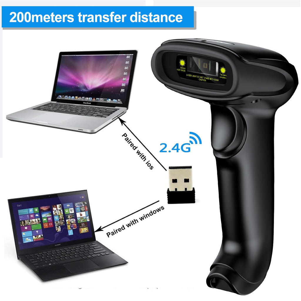 USB Wireless Barcode Scanner, 2.4GHz Handheld Automatic 1D Laser Barcode Scanner Reader 328 Feet Transmission