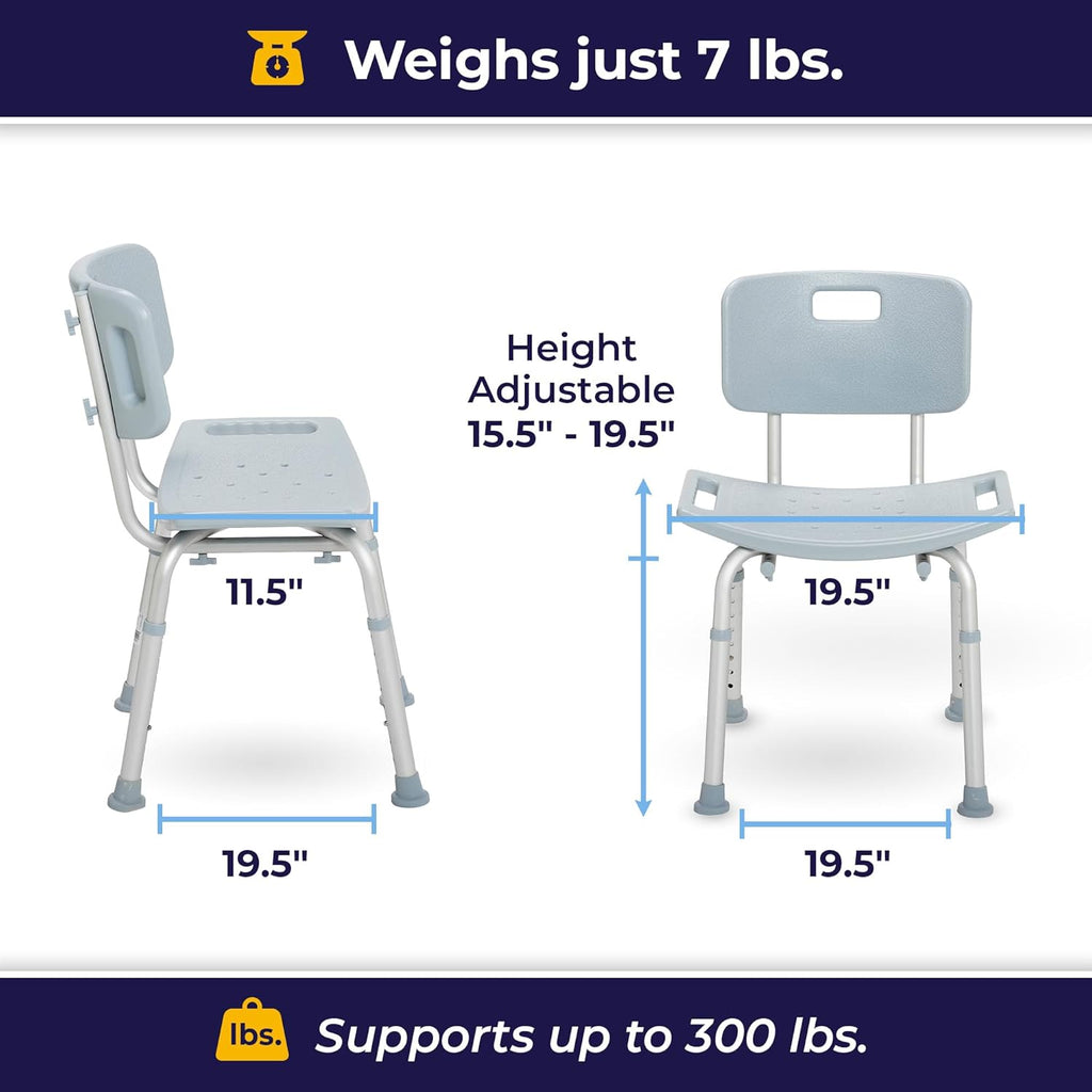 Shower Chair with Back - Adjustable Bathroom Bench - Suction Feet - Lightweight Durable Construction - Comfortable