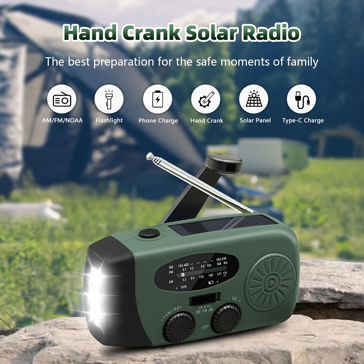 7400mWh Emergency Weather Radio, Portable Solar Hand Crank Radio AM/FM/NOAA, with 3 Mode Flashlight & Reading Lamp