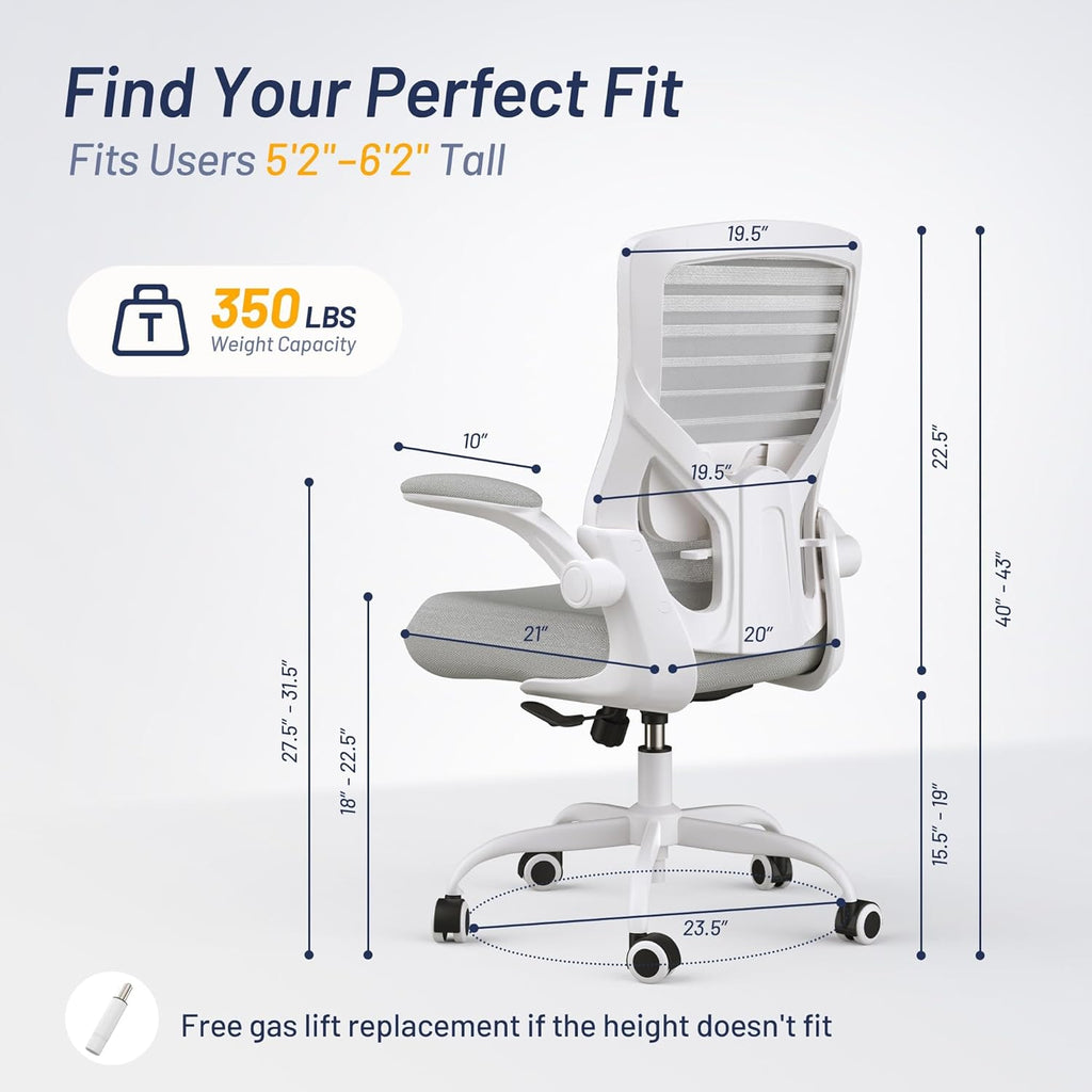 Office Chair for Long Hours & Back Pain Relief – 4" Molded Foam Cushion, Padded Lumbar Support, and Padded Flip-up