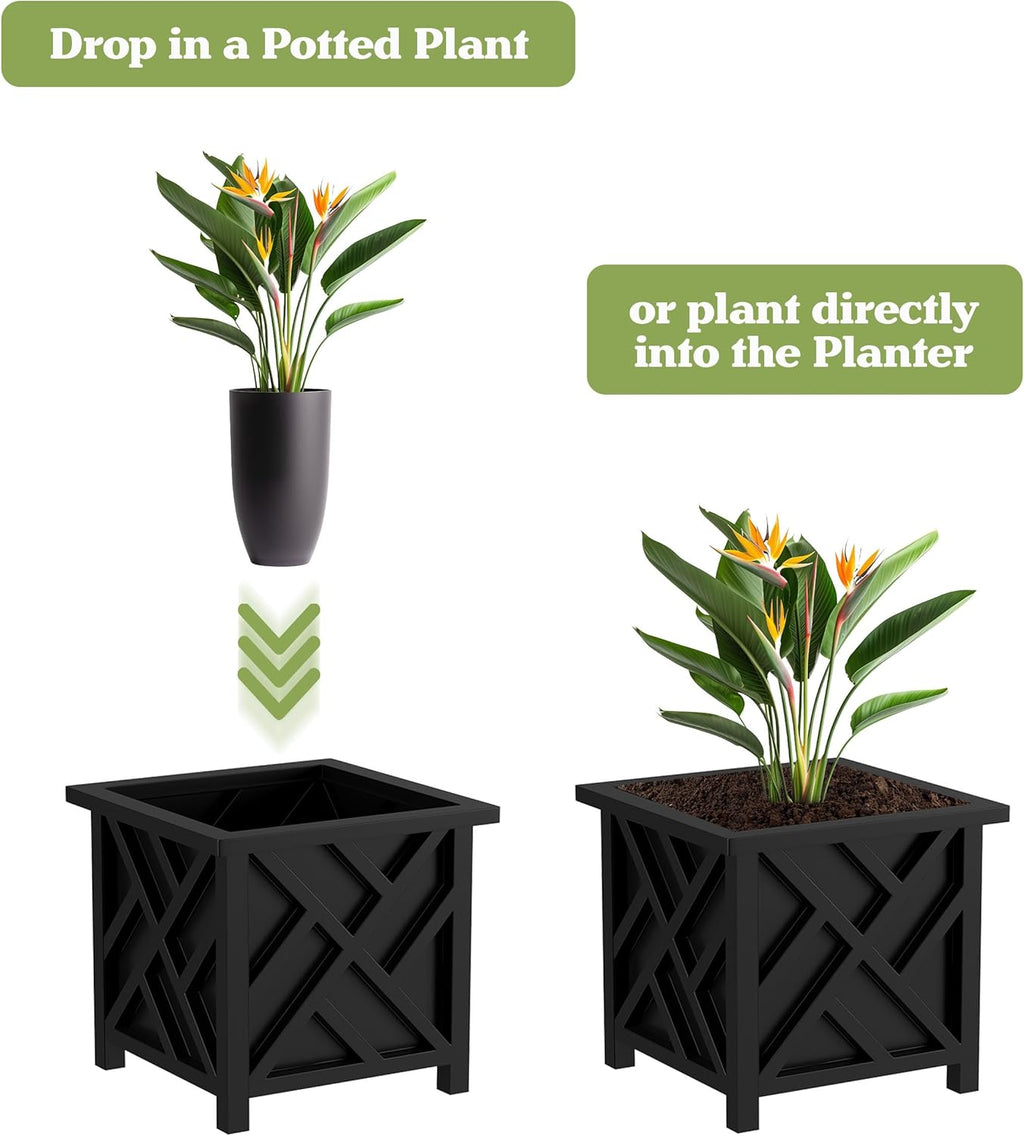 Lattice Design Outdoor Planter Box - 14.75” Square 13” Tall Black Plant Pot - Decorative Plant Pots for Front Porch