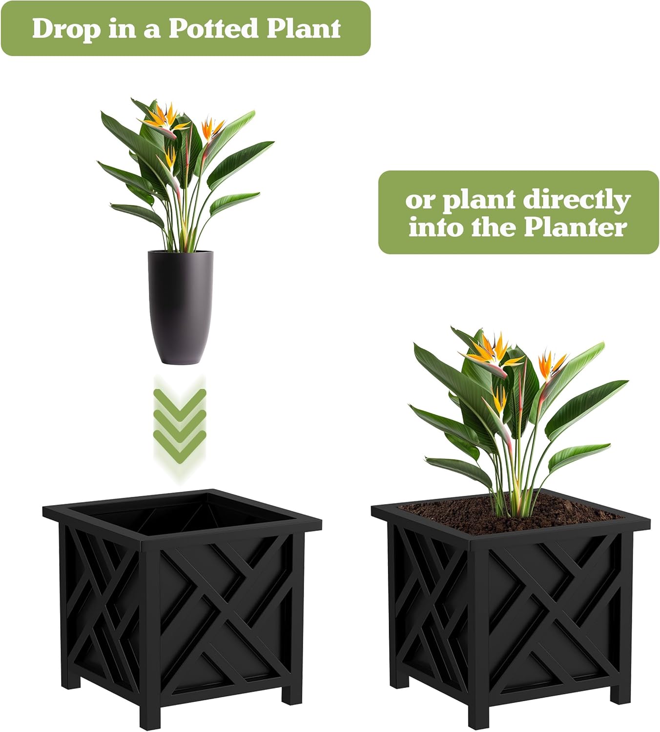 Lattice Design Outdoor Planter Box - 14.75” Square 13” Tall Black Plant Pot - Decorative Plant Pots for Front Porch