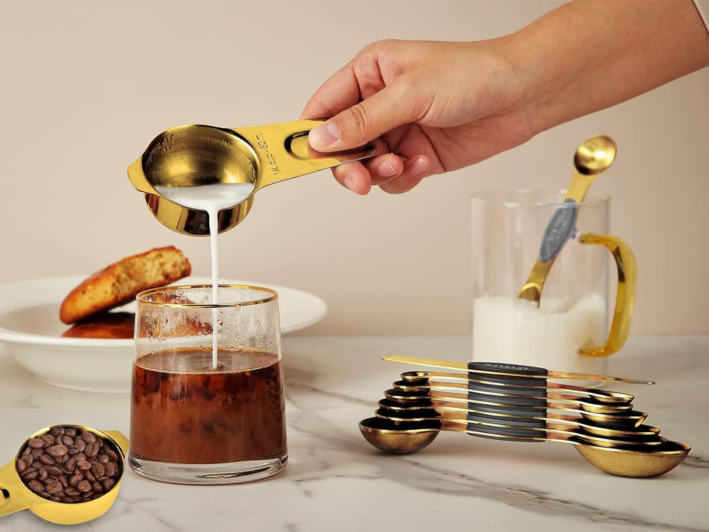 Gold Measuring Cups and Spoons Set of 15, 18/8 Stainless Steel, Includes 7 Nesting Metal Measuring Cups,8 Magnetic