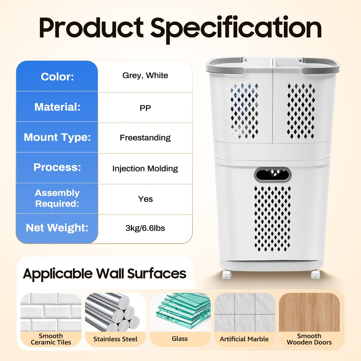 2 Tier Laundry Basket with Wheels & Handle, White Laundry Hamper Plastic 2 Section Laundry Sorter Floor-Standing