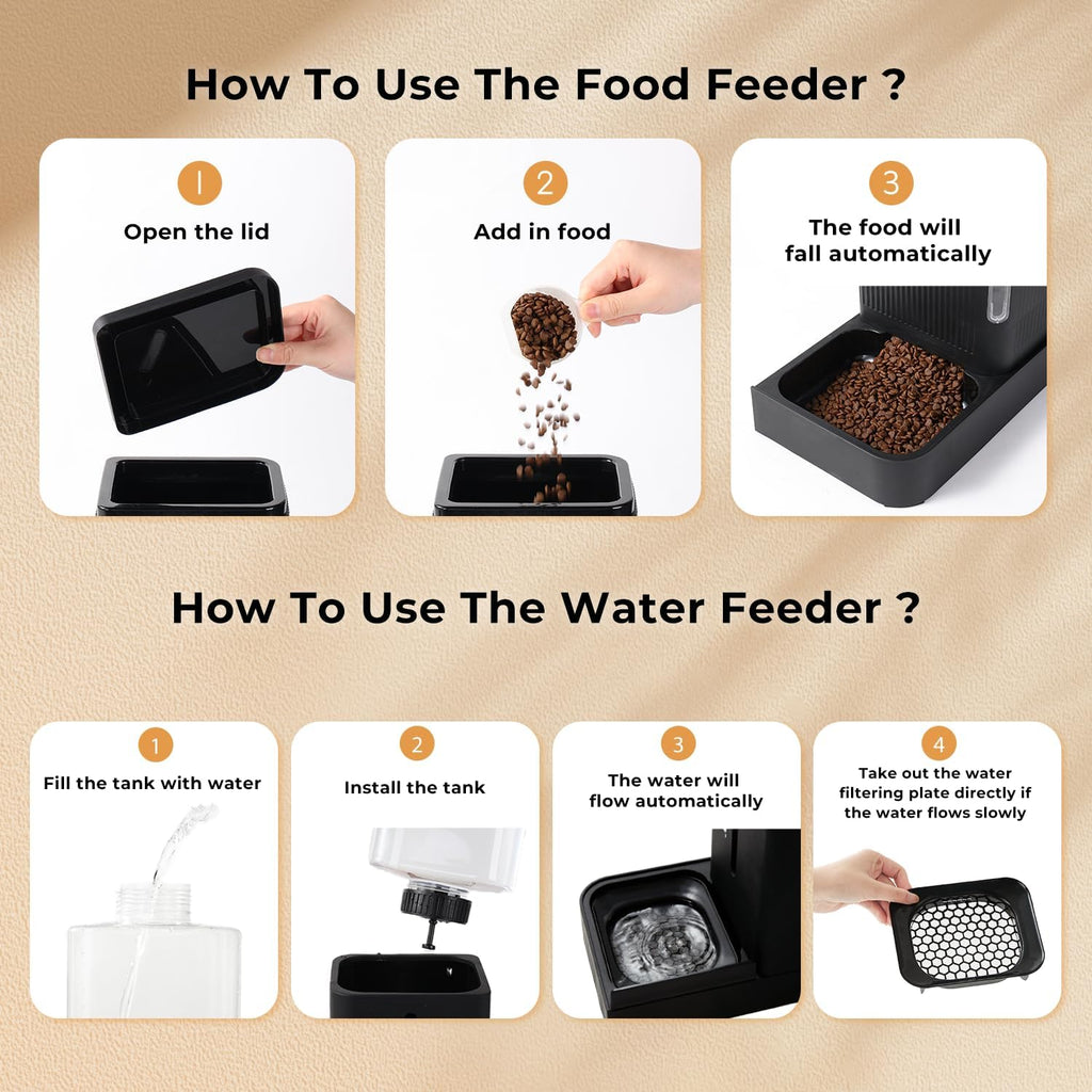 Automatic Cat Feeder and Water Dispenser Set, 2 in 1 Gravity Cat Food Dispenser with 180 Degree Rotatable, Pet Self