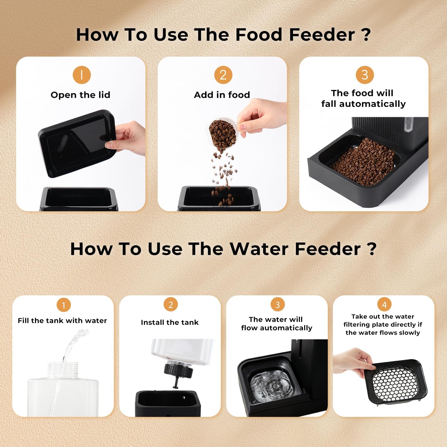 Automatic Cat Feeder and Water Dispenser Set, 2 in 1 Gravity Cat Food Dispenser with 180 Degree Rotatable, Pet Self