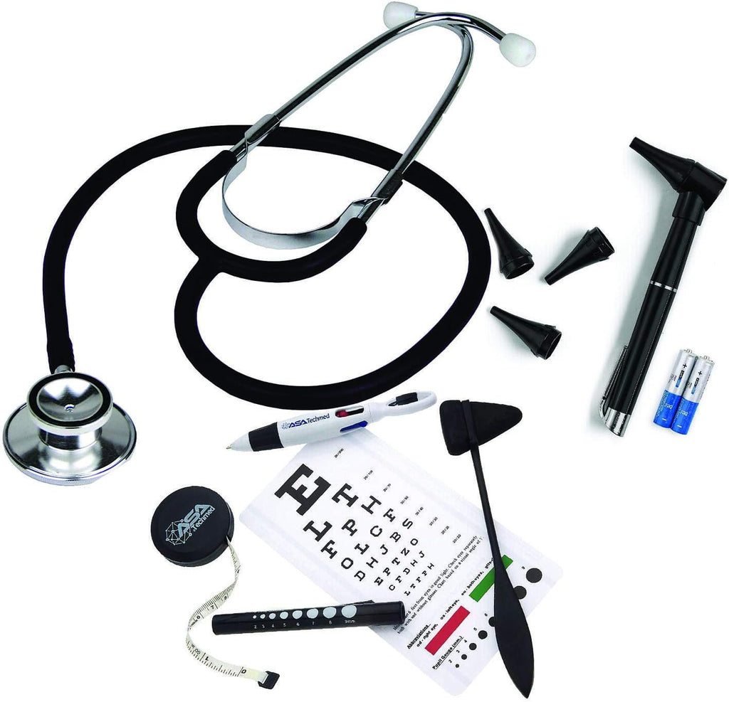 Dual Head Stethoscope w/Snellen Eye Chart, Taylor Percussion Hammer, Otoscope w/Batteries, LED Pupil Gauge Penlight
