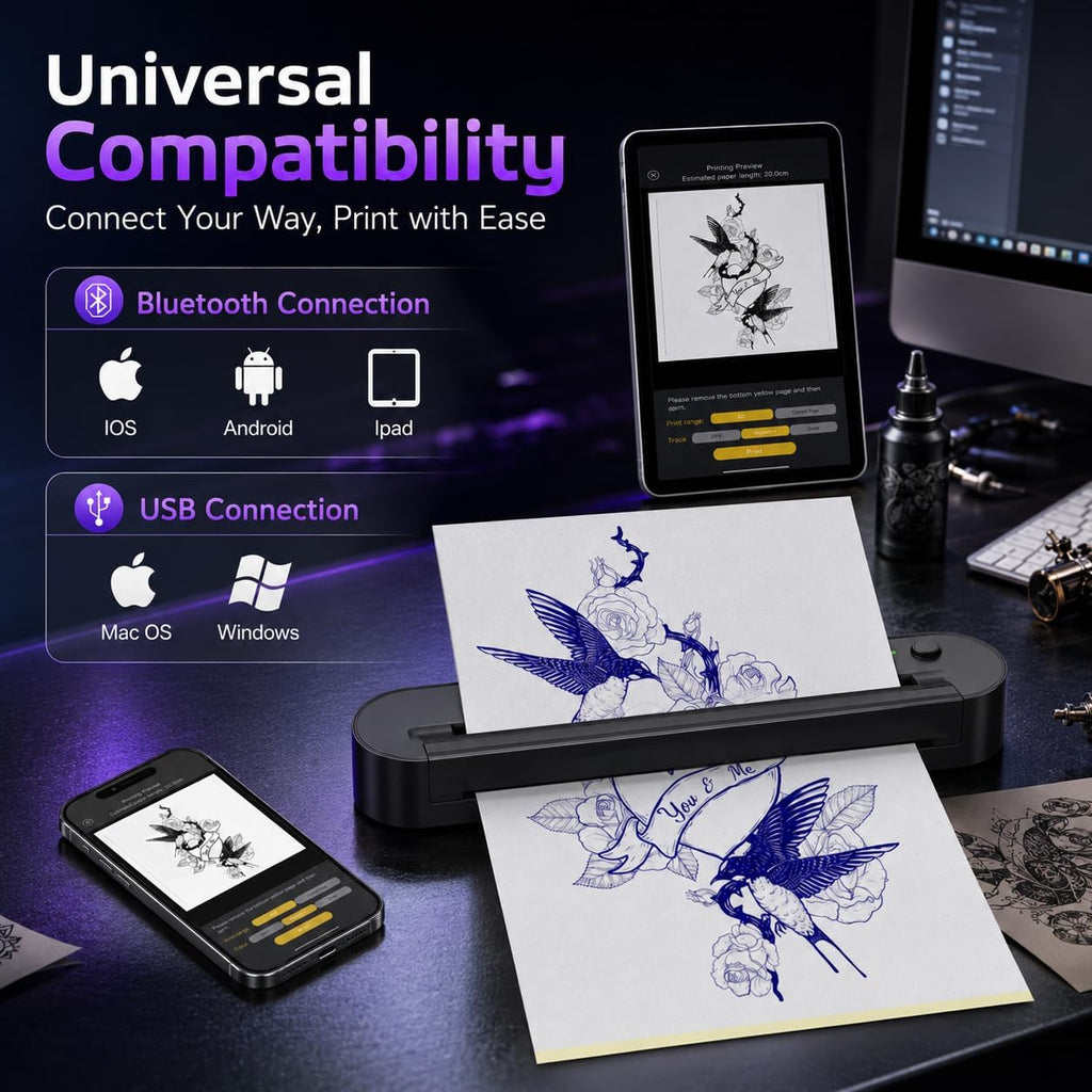 Tattoo Stencil Printer, Wireless Thermal Printer, Support Multi Sizes up to A4, Thermal Stencil Printer, 10 Transfer