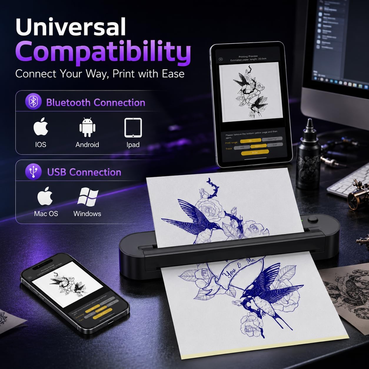 Tattoo Stencil Printer, Wireless Thermal Printer, Support Multi Sizes up to A4, Thermal Stencil Printer, 10 Transfer