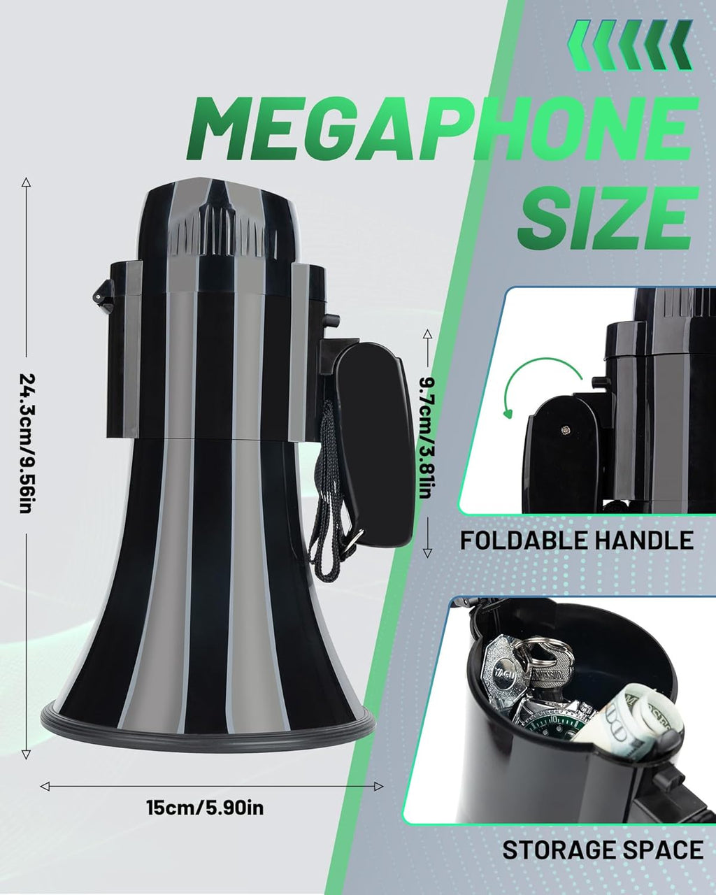 30 Watt Black Rechargeable Megaphone Bullhorn Speaker, Siren and 240s Recording, Portable Megaphone with Strap and