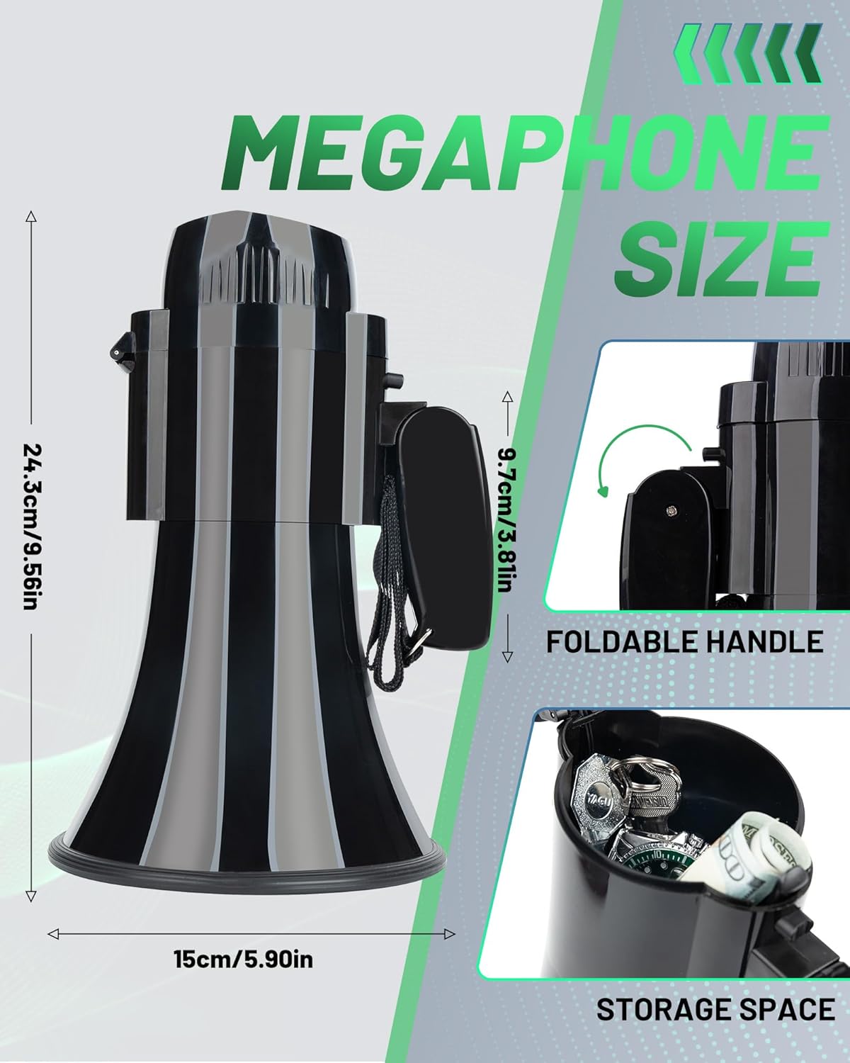 30 Watt Black Rechargeable Megaphone Bullhorn Speaker, Siren and 240s Recording, Portable Megaphone with Strap and