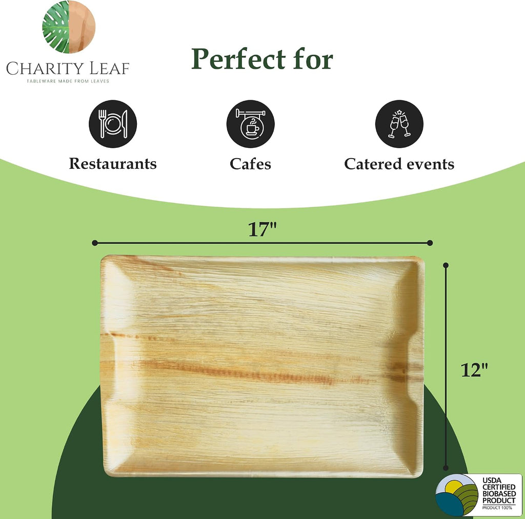 Disposable Bamboo 17" x 12" Rectangle Trays (10 Pieces) Bamboo Serving Platters, Disposable Boards, Eco-Friendly