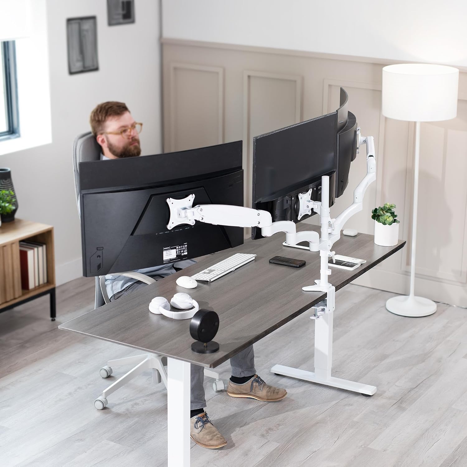 17 to 32 inch Triple Pneumatic Monitor Mount, 2 Pneumatic Arms, 1 Fixed, Adjustable Swivel, Rotation, Heavy Duty VESA