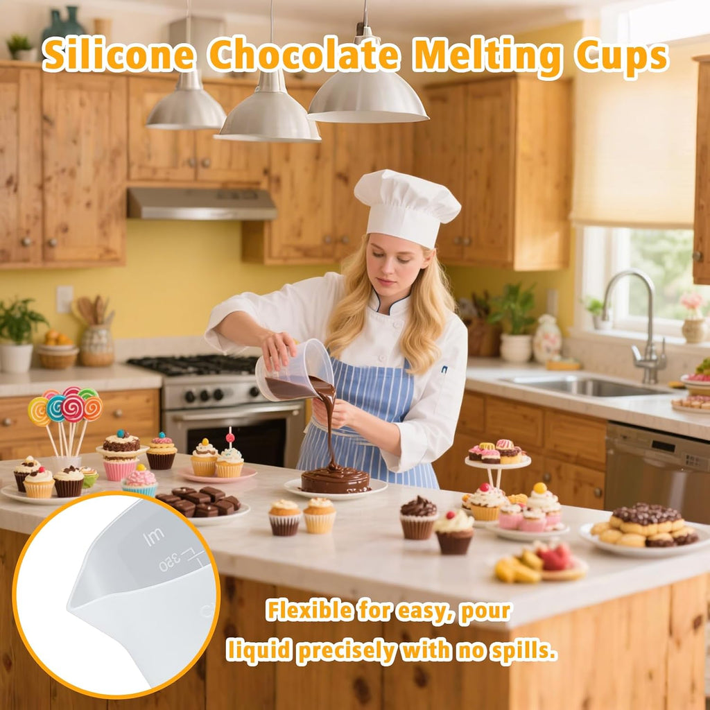 Silicone Cups for Melting Chocolate, 4PCS Silicone Measuring Cups with 250 & 350ml Capacity, Reusable Baking Supplies