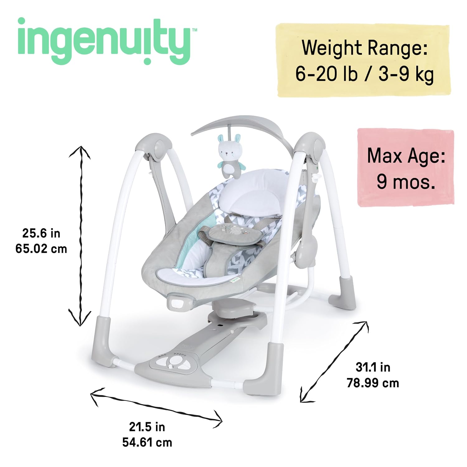 ConvertMe 2-in-1 Compact Portable Automatic Baby Swing & Infant Seat, Battery-Powered Vibrations, Nature Sounds, 0-9