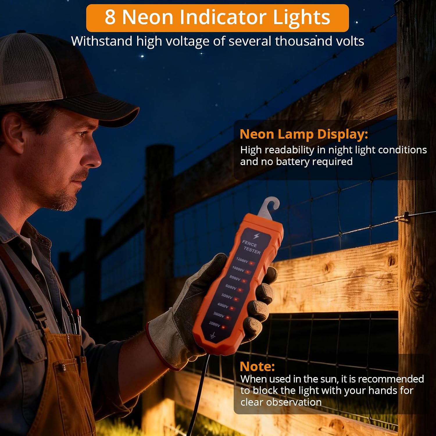 2000-12000V Electric Fence Voltage Tester with 8 Neon Lights