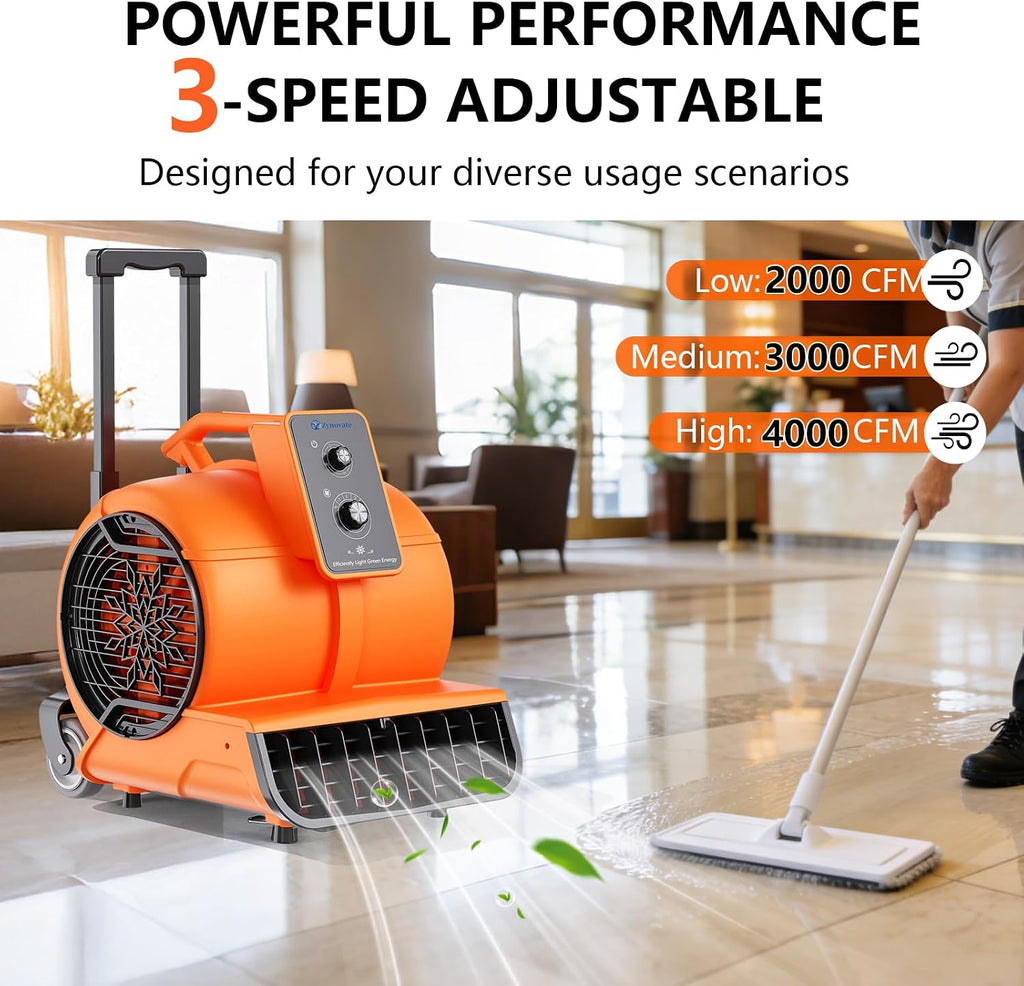 Air Mover 1 HP 4000 CFM Portable Blower Fan Carpet Dryer, Floor Dryer Fan | 3-Speed, 3 Adjustable Angles, Timer
