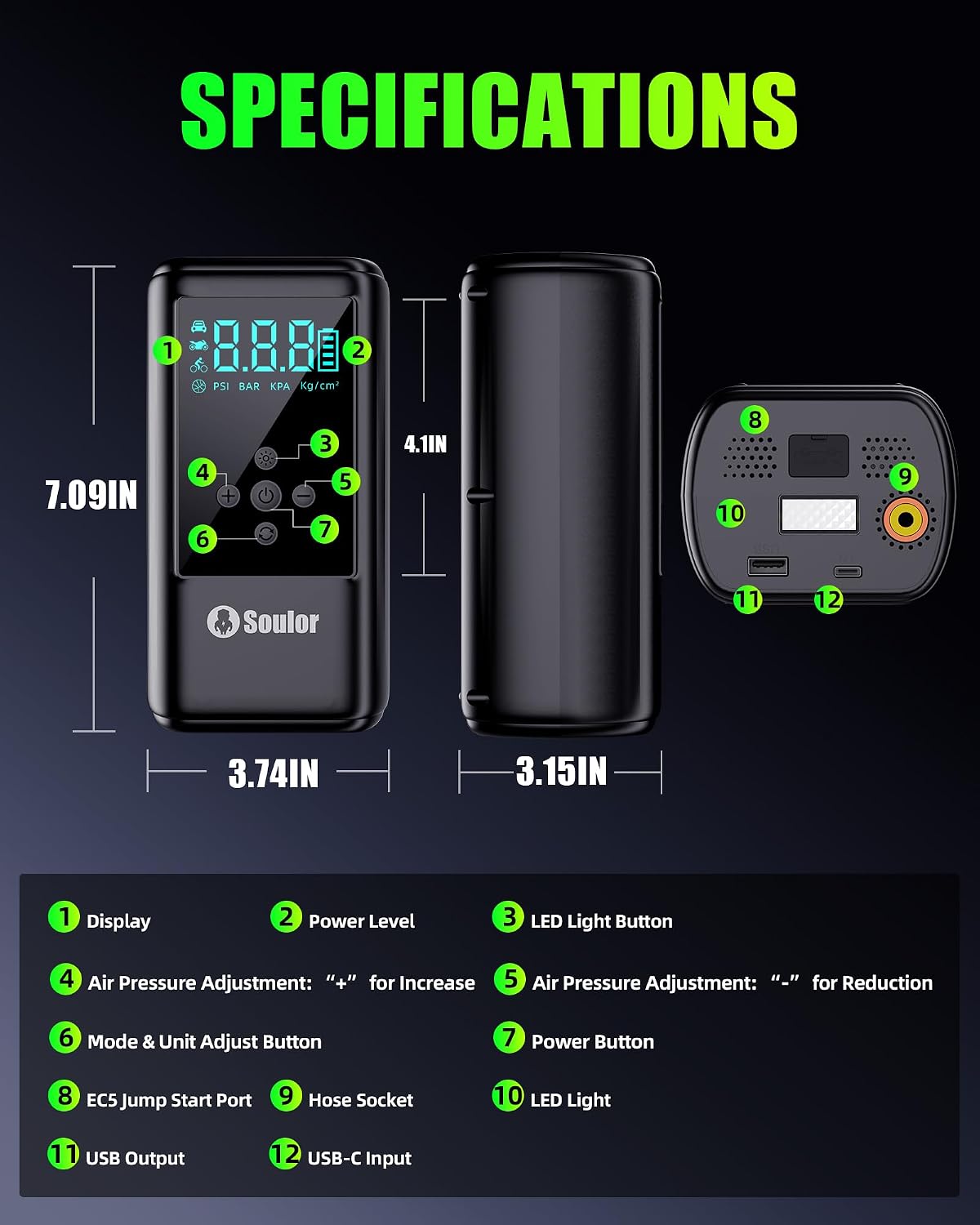 Jump Starter with Air Compressor, 6000A Car Battery Jumper Starter with 160 PSI Tire Inflator Portable, LED Display