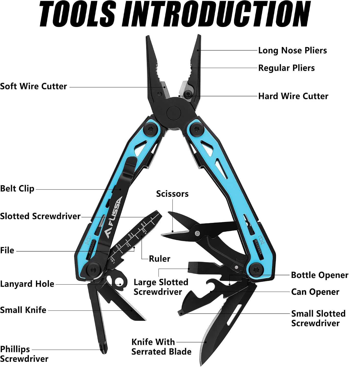 16-In-1 Multi-Tool Pliers, EDC Multitool, Aqua Blue | Gift for Men, Stainless Steel, Pocket Knife, Belt Clip, Oxford