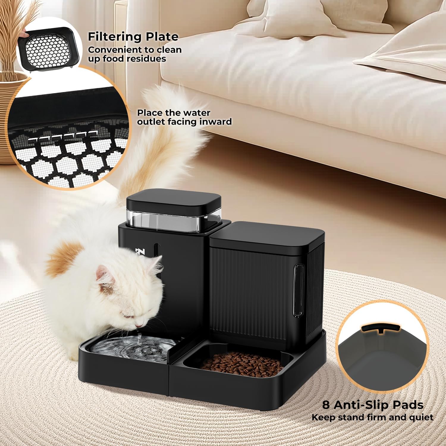 Automatic Cat Feeder and Water Dispenser Set, 2 in 1 Gravity Cat Food Dispenser with 180 Degree Rotatable, Pet Self