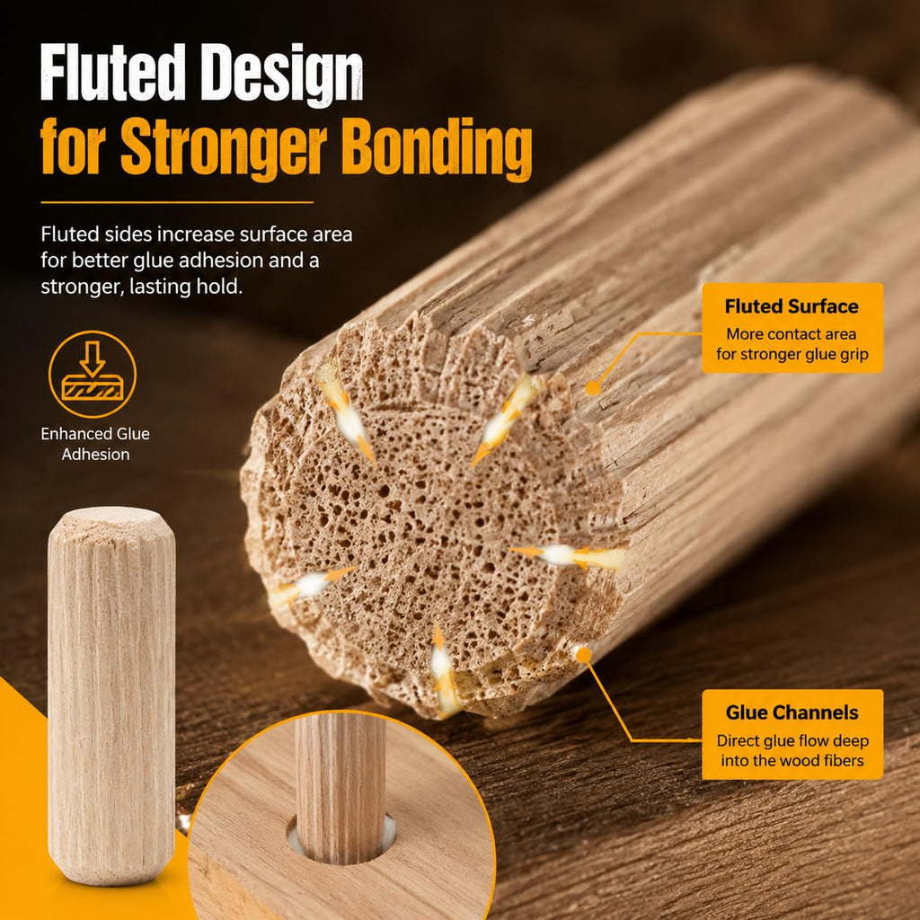 260PCS Wooden Dowel Pins Assortment, Fluted Hardwood Dowels