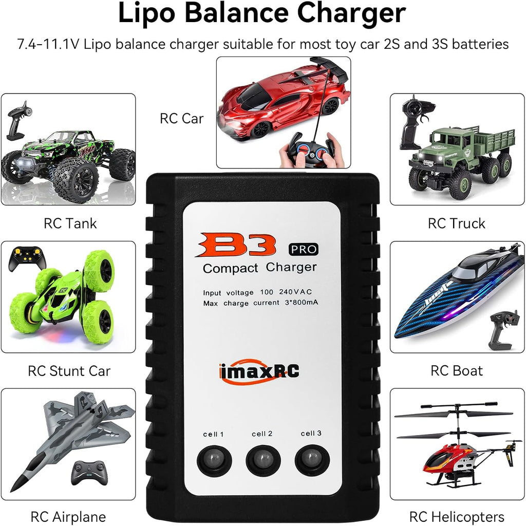 B3 Lipo Battery Charger - 2S 3S RC Balance Chargers AC 7.4-11.1V 10W with XH3P XH4P Plug for RC Car Batteries Drone