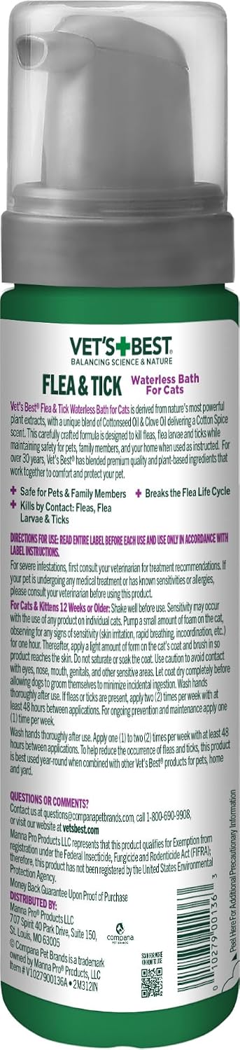 Waterless Flea & Tick Bath for Cats, Plant-Based, 8 oz