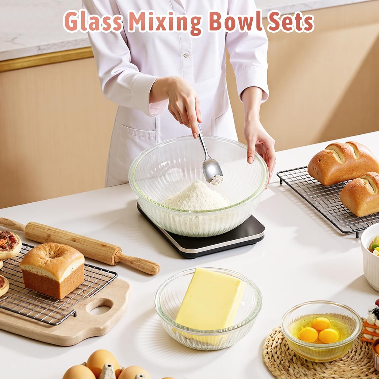 Glass Mixing Bowls with Lids Sets, 5 Packs Glass Bowls with Lids for Kitchen Baking, Meal Prepping and Salad, Bpa